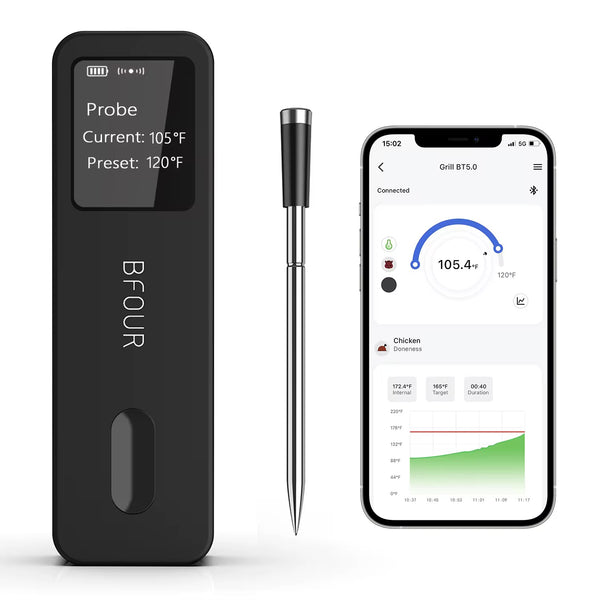 TempSync™ Bfour- Smart Bluetooth Meat Thermometer – Wireless, Dual IP67 Waterproof Probes, Rechargeable Booster, LCD Display & App Control